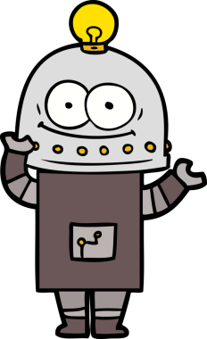 Bir insan tarafından çizilmiş ampullü mutlu karton robot.