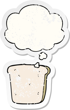 Düşünce baloncuklu bir ekmek dilimi insan tarafından çizilmiş yıpranmış bir çıkartma gibi.