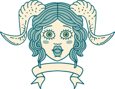 Retro Dövme Biçimi karakter yüzünü bir insan tarafından çizilmiş parşömen pankartıyla düzenliyor