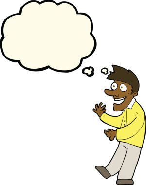 Bir insan tarafından çizilmiş düşünce baloncuğu ile heyecanlı bir adam.