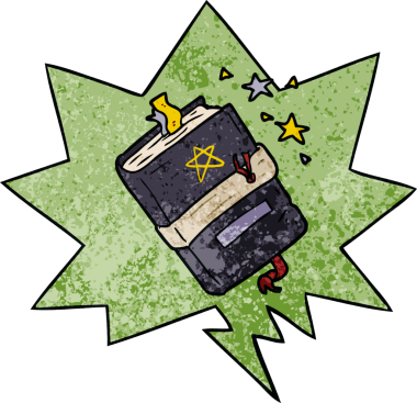 Bir insan tarafından çizilmiş eski dokuda konuşma baloncuğu olan cadıların büyü kitabı.