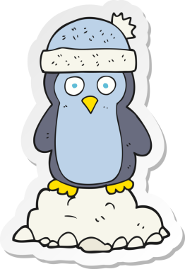 Bir insan tarafından çizilmiş şapka takan penguen çizgi filminin çıkartması.