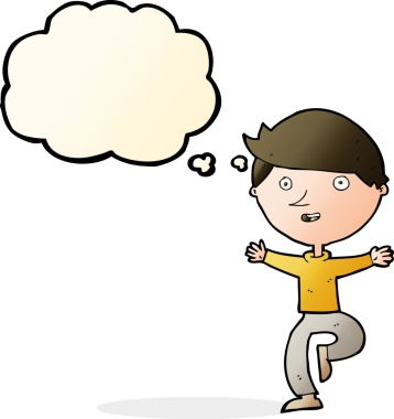 Bir insan tarafından çizilmiş düşünce baloncuğu ile heyecanlı bir adam.