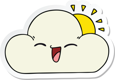 Çizgi film güneşi ve bir insan tarafından çizilmiş mutlu bulut.