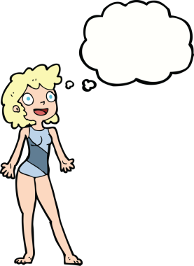 Yüzme kostümlü karikatür kadın. Düşünce baloncuğu insan tarafından çizilmiş.