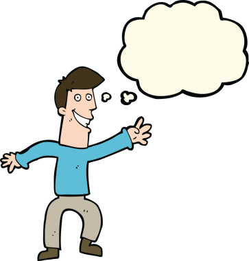 Bir insan tarafından çizilmiş düşünce baloncuğuyla dans eden mutlu adam çizgi filmi.