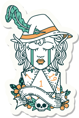 Ağlayan bir elf şair karakterinin çıkartması. İnsan tarafından çizilmiş doğal bir d20 zar.