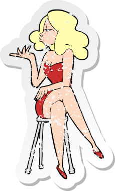 Bir insan tarafından çizilmiş bar taburesinde oturan bir karikatür kadının gerilimli retro yapıştırması.