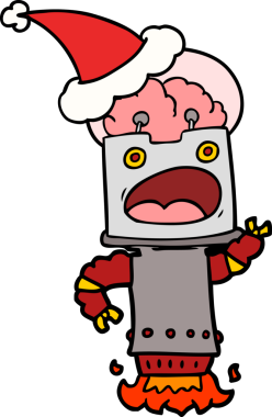 Bir insan tarafından çizilmiş Noel Baba şapkası giyen bir robotun el çizimi.