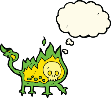 Bir insan tarafından çizilmiş düşünce baloncuğu olan küçük ateş şeytanı.