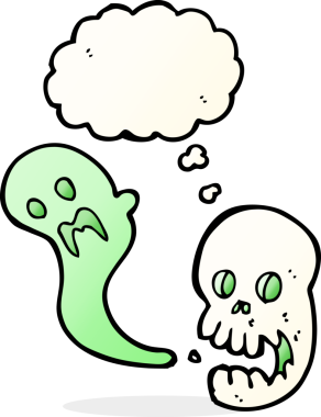 Bir insan tarafından çizilmiş düşünce baloncuklu garip kafatası.