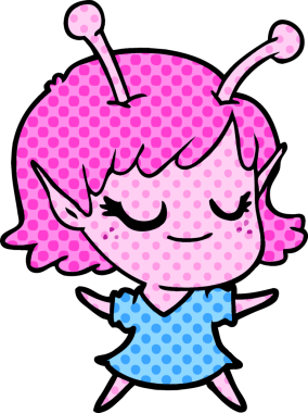 Bir insan tarafından çizilmiş gülümseyen uzaylı kız çizgi filmi.