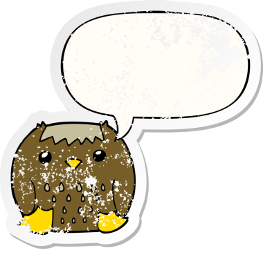 Konuşma baloncuğu olan çizgi film baykuşu bir insan tarafından çizilmiş sıkıntılı eski bir çıkartma