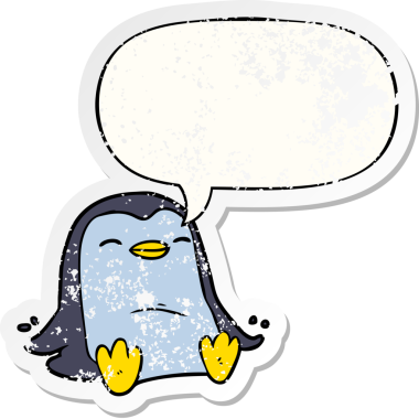 Konuşma baloncuğu olan karikatür pengueni bir insan tarafından çizilmiş sıkıntılı eski bir çıkartma