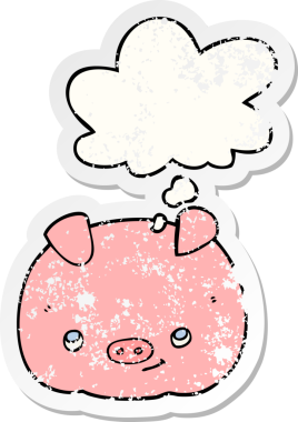 İnsan tarafından çizilmiş kederli bir çıkartma gibi düşünce balonlu mutlu domuz çizgi filmi.