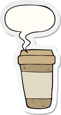 Bir insan tarafından çizilmiş konuşma balonu çıkartmalı çizgi film kahve fincanı.