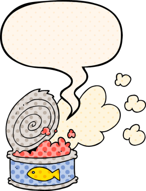 Bir insan tarafından çizilmiş çizgi roman tarzında konuşma balonu olan kokuşmuş balık konservesi.