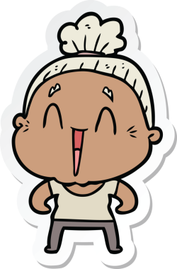 Bir insan tarafından çizilmiş mutlu yaşlı bir kadının çıkartması.