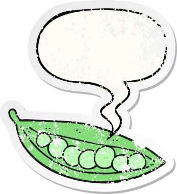 Konuşma baloncuğu olan bezelyeler bir insan tarafından çizilmiş sıkıntılı eski bir çıkartma.