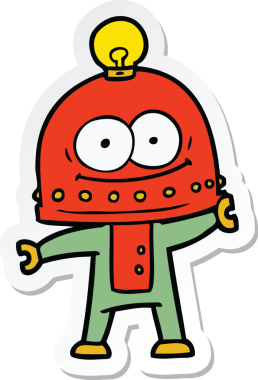 Bir insan tarafından çizilmiş mutlu bir karton robotun çıkartması.