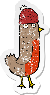 Bir insan tarafından çizilmiş bir şapkayla çizilmiş bir çizgi robin 'in gerilimli retro yapıştırması.