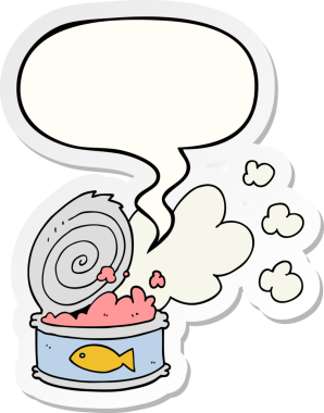 Bir insan tarafından çizilmiş konuşma balonu çıkartmalı kokuşmuş balık konservesi.