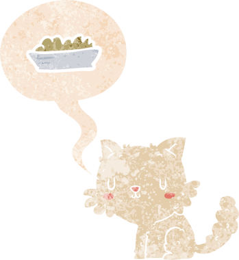 Çizgi film kedisi ve konuşma baloncuklu yemek bir insan tarafından çizilmiş dertli retro tarzı