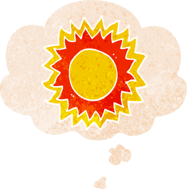 Düşünce baloncuklu karikatür güneşi bir insan tarafından çizilmiş sıkıntılı retro stil