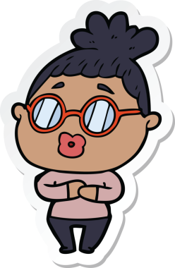 Bir insan tarafından çizilmiş gözlüklü bir karikatür kadının çıkartması.