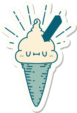 Bir insan tarafından çizilmiş dövme stili dondurma karakterinin çıkartması.