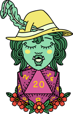 Retro Dövme Biçimi Yarı Ork Ozanı Bir insan tarafından çizilmiş 20 zar ile