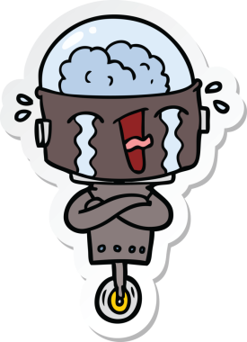 Bir insan tarafından çizilmiş ağlayan bir robot çıkartması.