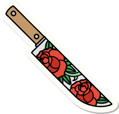 Geleneksel bir hançer stili dövme çıkartması ve bir insan tarafından çizilmiş çiçekler.