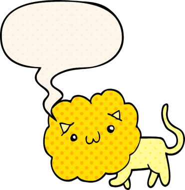 Bir insan tarafından çizilmiş çizgi roman tarzında konuşma baloncuğu olan çizgi film aslanı.