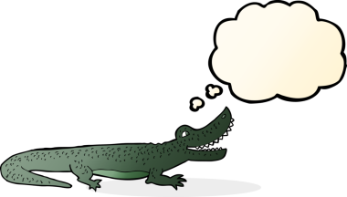 Bir insan tarafından çizilmiş düşünce balonlu mutlu timsah çizgi filmi