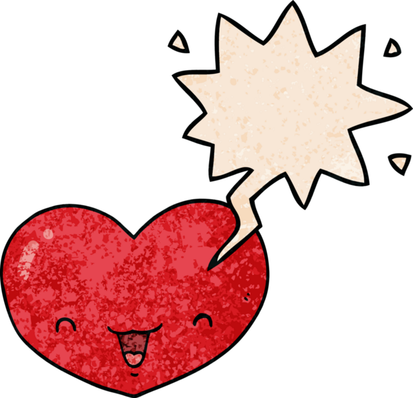 Karikatür, insan tarafından çizilmiş eski dokuda konuşma baloncuğu olan kalp karakterini sever.