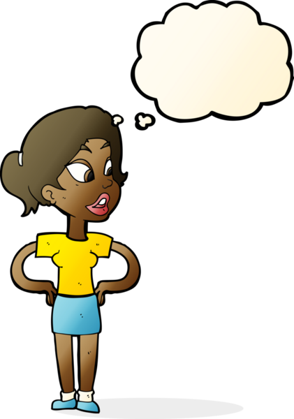 Bir insan tarafından çizilmiş düşünce baloncuğu olan elleri kalçasında çizgi film kadını.