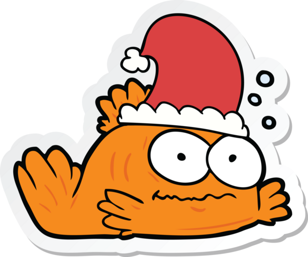 Bir insan tarafından çizilmiş Xmas şapkası takan Japon balığının çıkartması.