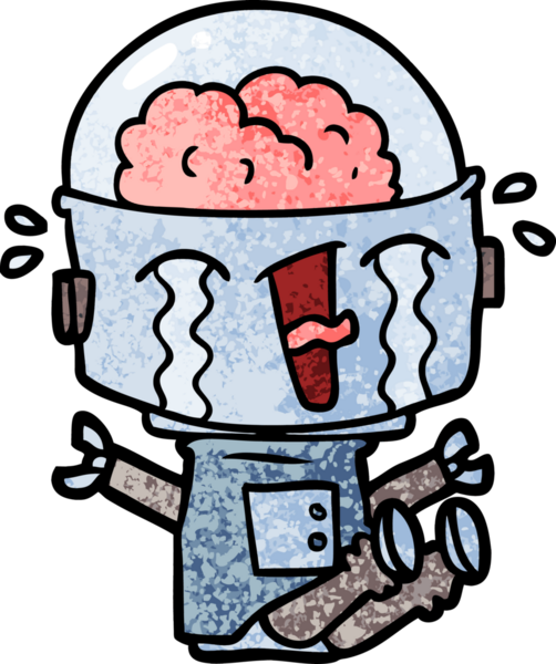 Bir insan tarafından çizilmiş ağlayan robot çizgi film.