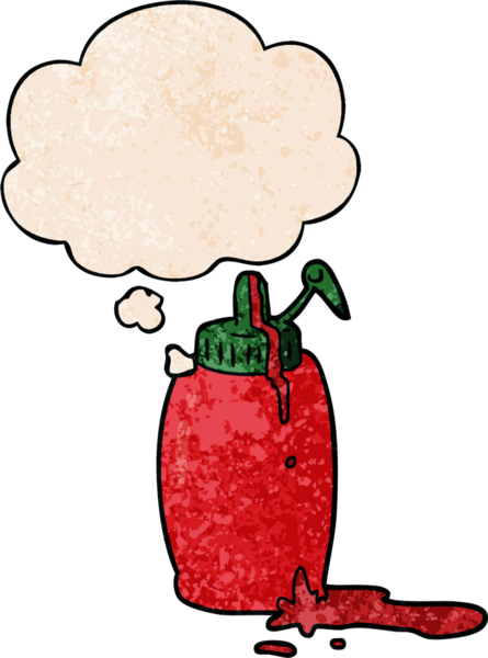 Bir insan tarafından çizilmiş grunge desenli düşünce baloncuklu ketçap şişesi.