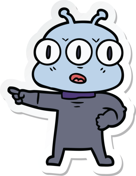 Çizgi film çıkartması. Bir insan tarafından çizilmiş üç gözlü uzaylı.