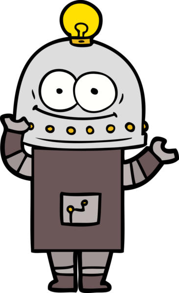 Bir insan tarafından çizilmiş ampullü mutlu karton robot.