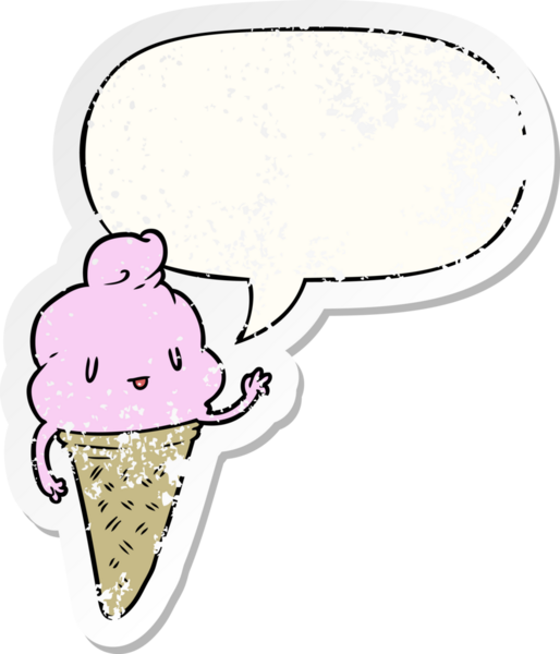 Konuşma baloncuklu tatlı çizgi film dondurması bir insan tarafından çizilmiş sıkıntılı eski bir çıkartma