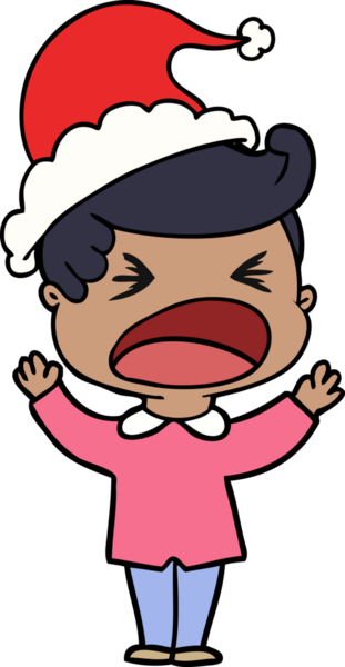 Bir insan tarafından çizilmiş Noel Baba şapkası giymiş bağıran bir adamın el çizimi.