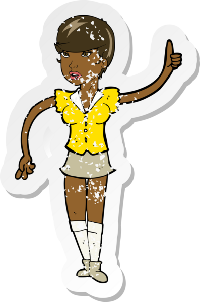 Bir karikatürün gerilimli çıkartması. Güzel bir kız, bir insan tarafından çizilmiş sorular soruyor.