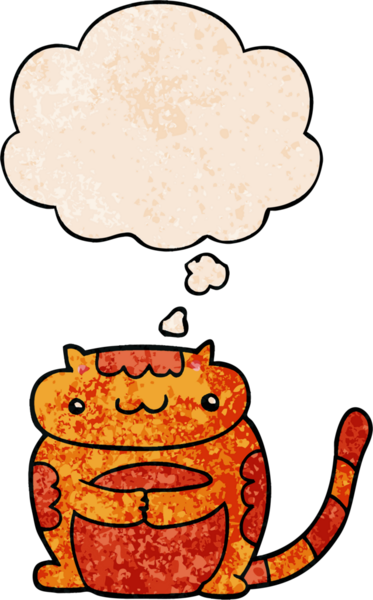 Bir insan tarafından çizilmiş grunge doku tarzında düşünce baloncuğu olan sevimli çizgi film kedisi.