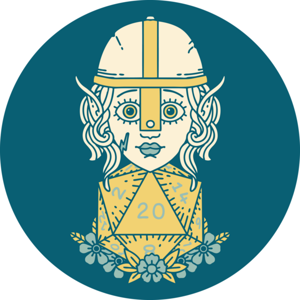 Retro Tattoo stili elf dövüşçüsü. Bir insan tarafından çizilmiş 20 zar ile.