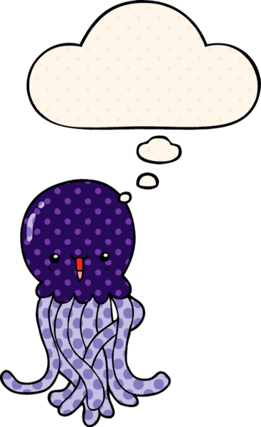 Çizgi roman tarzında bir insan tarafından çizilmiş düşünce baloncuklu denizanası çizgi filmi.