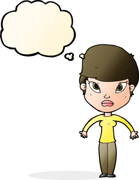 Bir insan tarafından çizilmiş düşünce baloncuğuyla omuz silken çizgi film kadını.