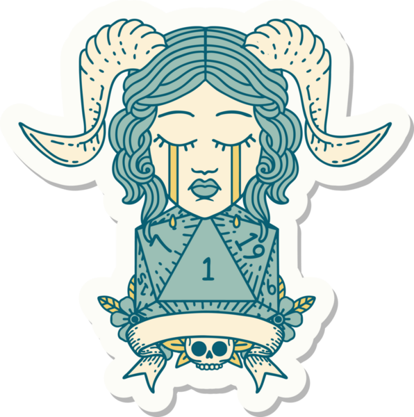 Ağlama etiketi, bir insan tarafından çizilmiş doğal bir D20 zar atışıyla bağlanmış.